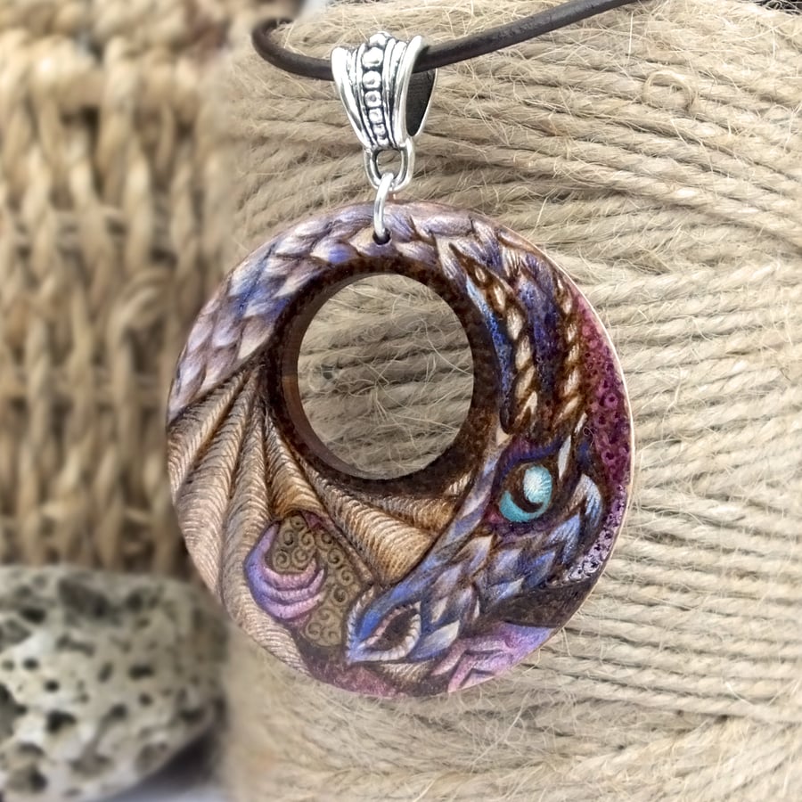 Dragon mother and egg. Pyrography wood dragon pendant necklace.