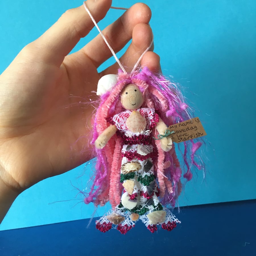 Tiny Pink Mermaid Doll Hanging Decoration, Sea Themed Mermaid Decor