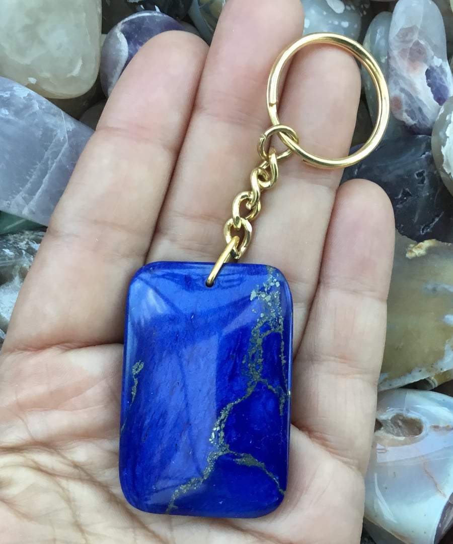 Golden Vein Enhanced Lapis Lazuli Gemstone Keyring Or Handbag Charm.