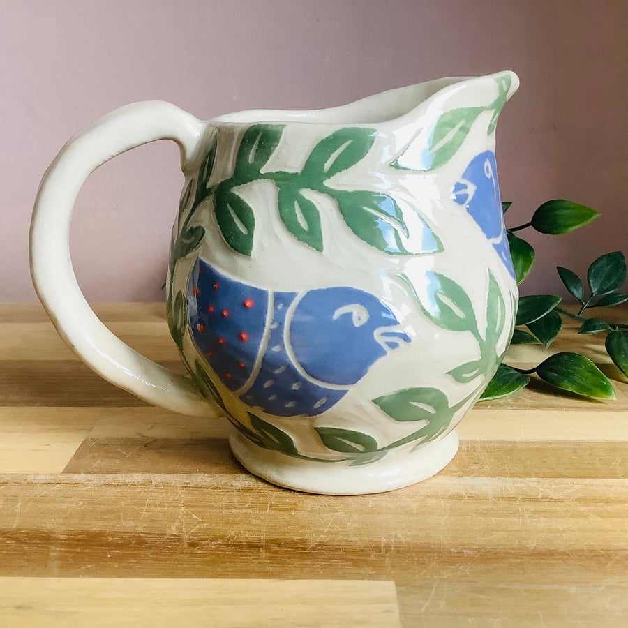 Handmade stoneware sgraffito lilac birds cream jug