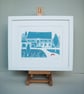Hospitium York, Wedding venue, Lino Print. Original Linocut Teal and Red - Image 4