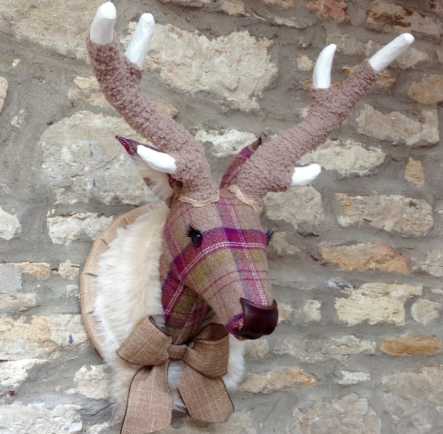 Faux taxidermy berry tweed plaid check deer stag wall mounted animal head