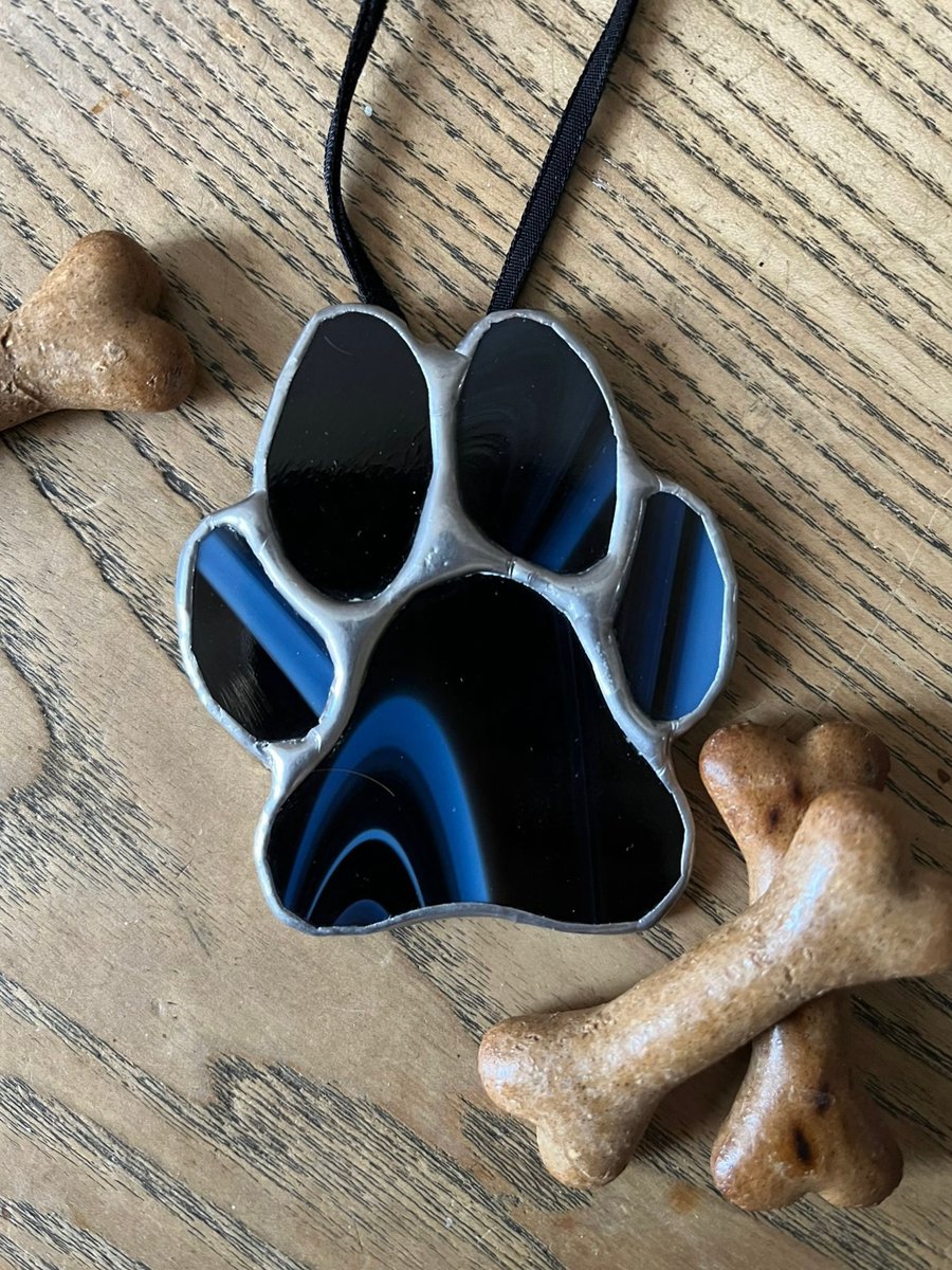 Black and white dog paw in stained glass - dog lover gift