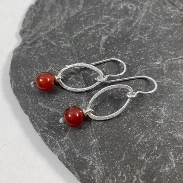 Sterling silver oval drop earrings with carnelian beads