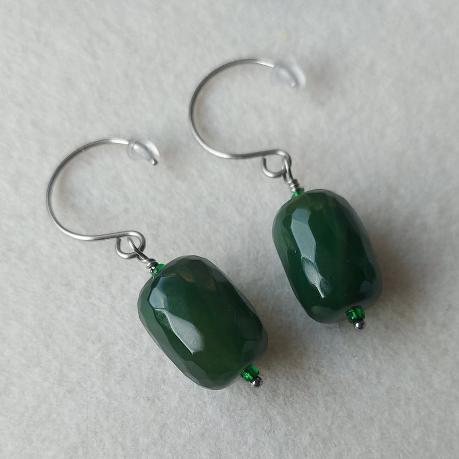 Green Agate Barrel Facet Bead Dangle Earrings