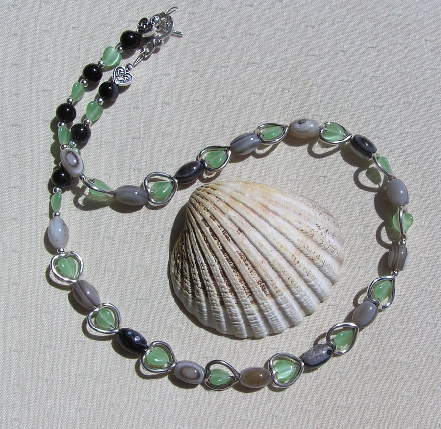 Botswana Agate & Green Cat's Eye Gemstone Silver Heart Beaded Necklace