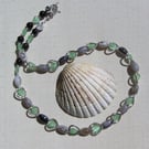 Botswana Agate & Green Cat's Eye Gemstone Silver Heart Beaded Necklace