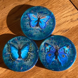 Set of 3 Handmade Blue Butterfly Resin Coasters