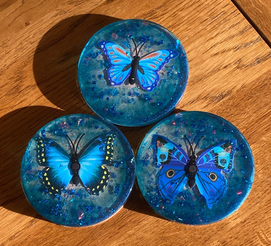 Set of 3 Handmade Blue Butterfly Resin Coasters