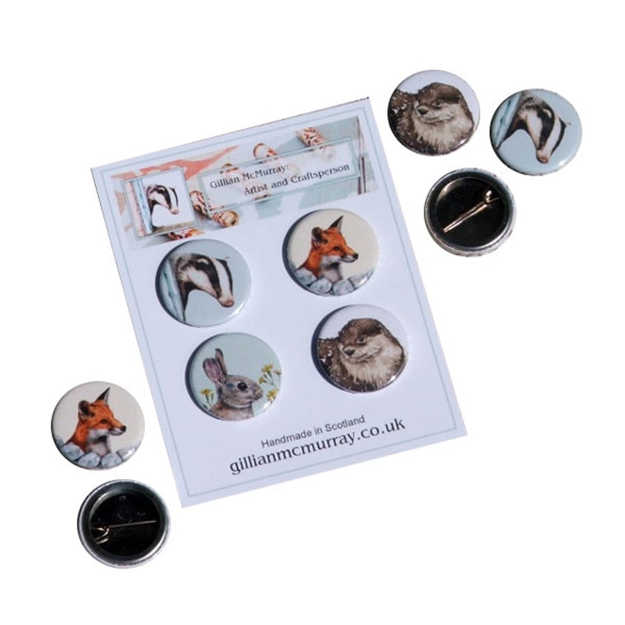 Wildlife button badges - set of 4, 1 inch, 25mm, badger, fox, rabbit and otter