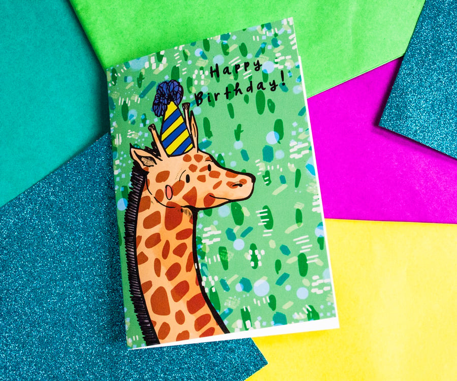 Giraffe Happy Birthday Greeting Card - Animal - Illustrated Card- Stationery 