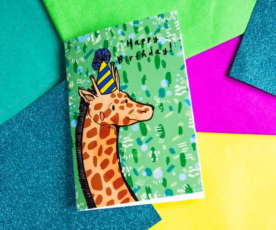 Giraffe Happy Birthday Greeting Card - Animal - Illustrated Card- Stationery 