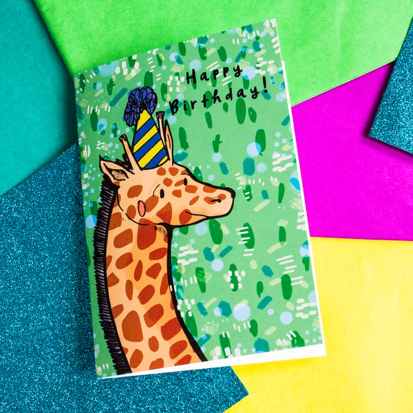 Giraffe Happy Birthday Greeting Card - Animal - Illustrated Card- Stationery 