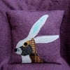 Hare Cushion, scrappy hare, wool cushion, with feather pad, 12 inches