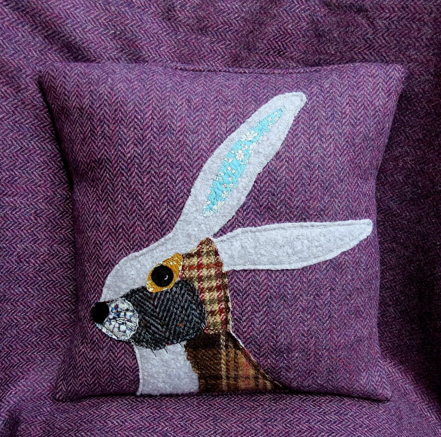 Hare Cushion, scrappy hare, wool cushion, with feather pad, 12 inches