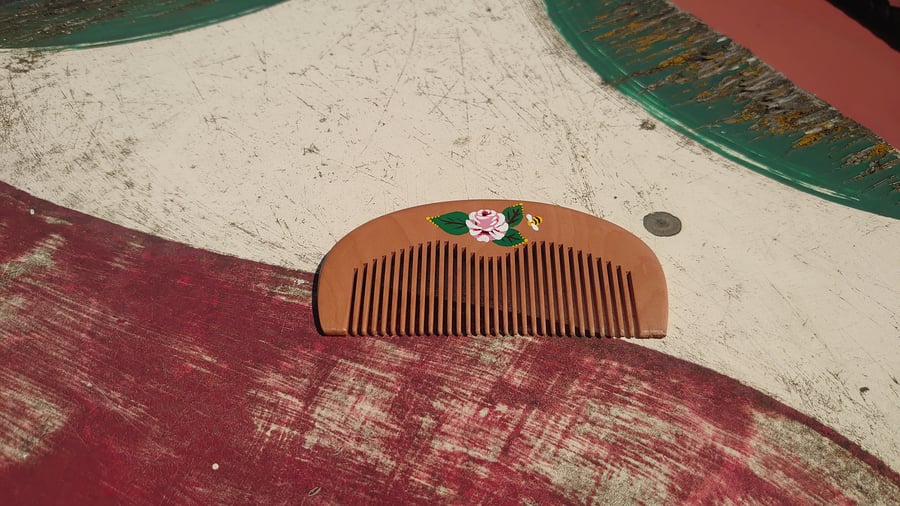 Wooden Comb with hand painted White Rose 