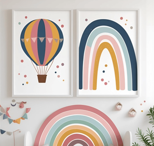 Set of 2 Wall Art Prints - Poster Rainbow and Hot Air Balloon – A4 