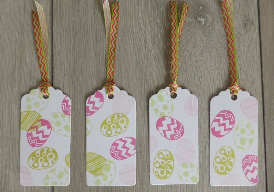 Handprinted pink and green egg design gift tag set with ribbon