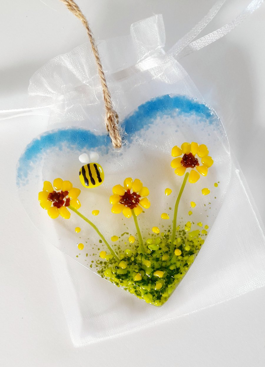 Fused Glass Heart With Sunflowers And A Bee