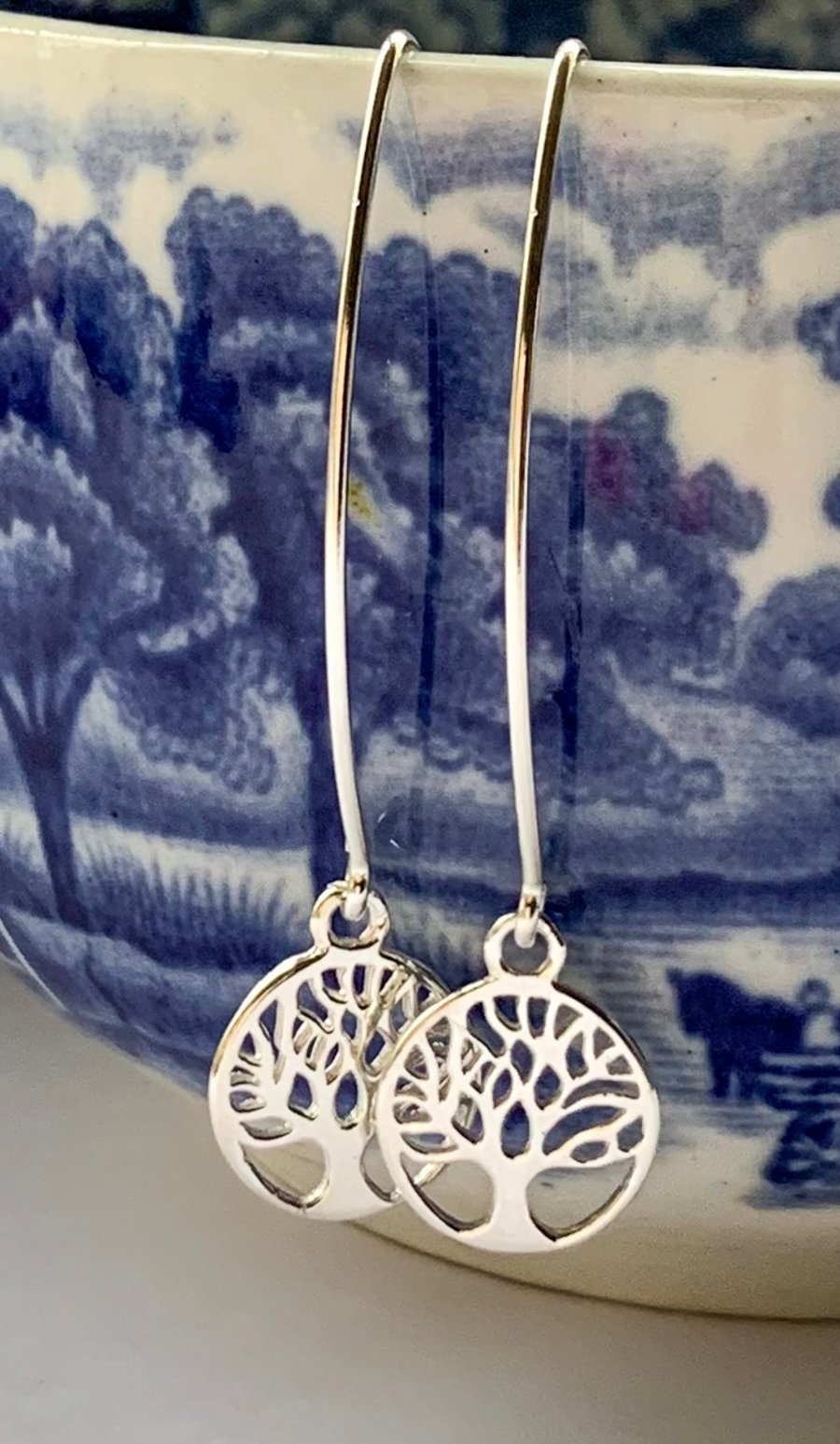 Sterling silver drop earrings with tree of life charm