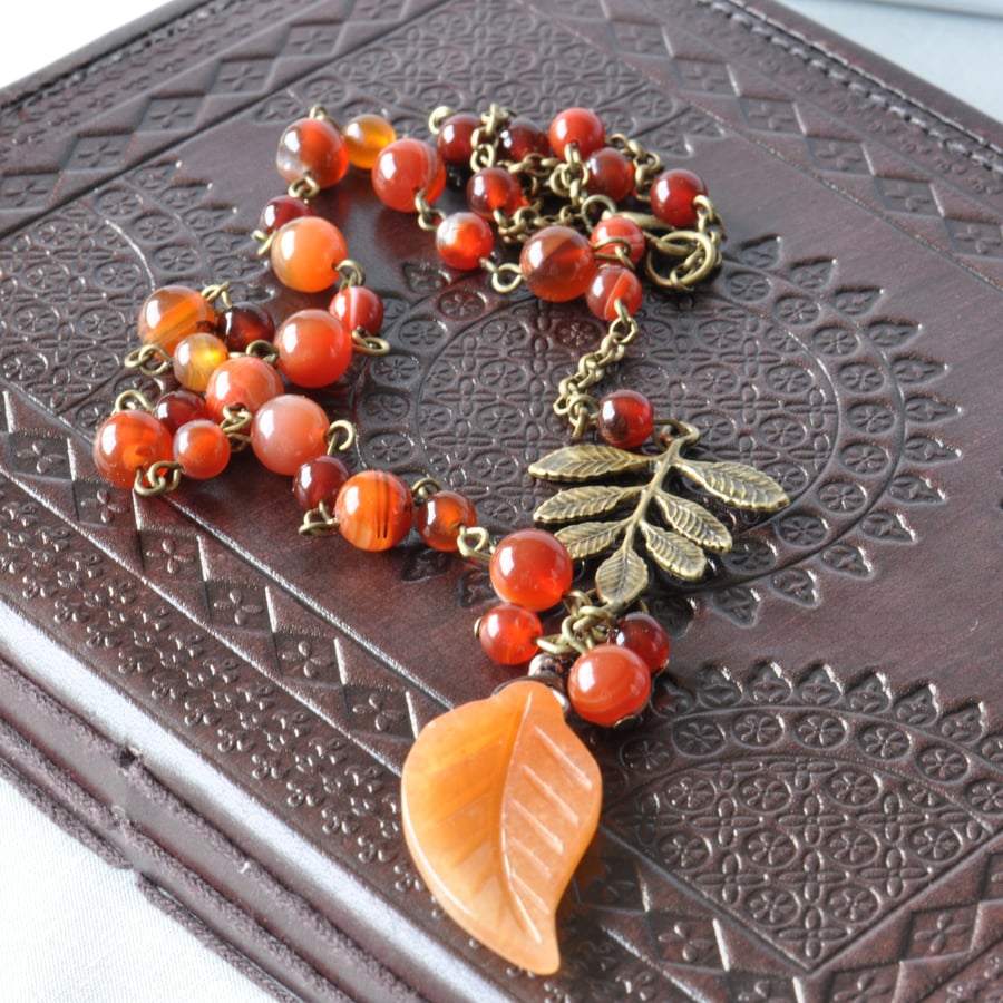 Carnelian Leaf Pendant with Carnelian Beads & Leaf Necklace