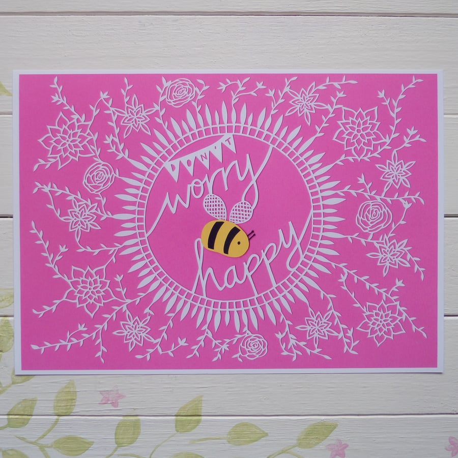 Papercut Don't Worry Bee Happy - Fine Art Print from an original papercut