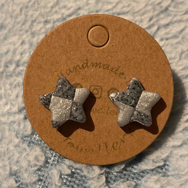Handmade Polymer Clay Grey Checkered Stud Earrings 