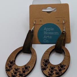 Walnut & Leather laser engraved earrings - hypo-allergenic