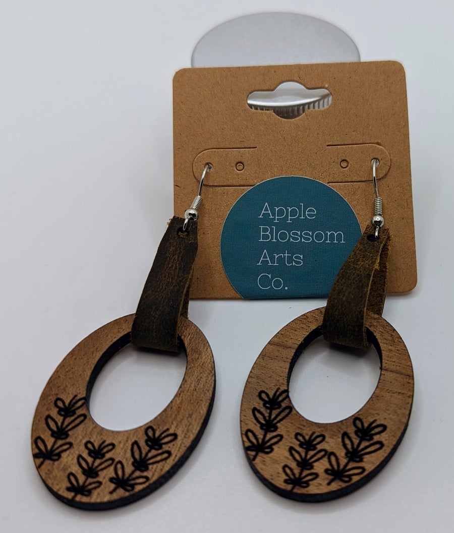 Walnut & Leather laser engraved earrings - hypo-allergenic