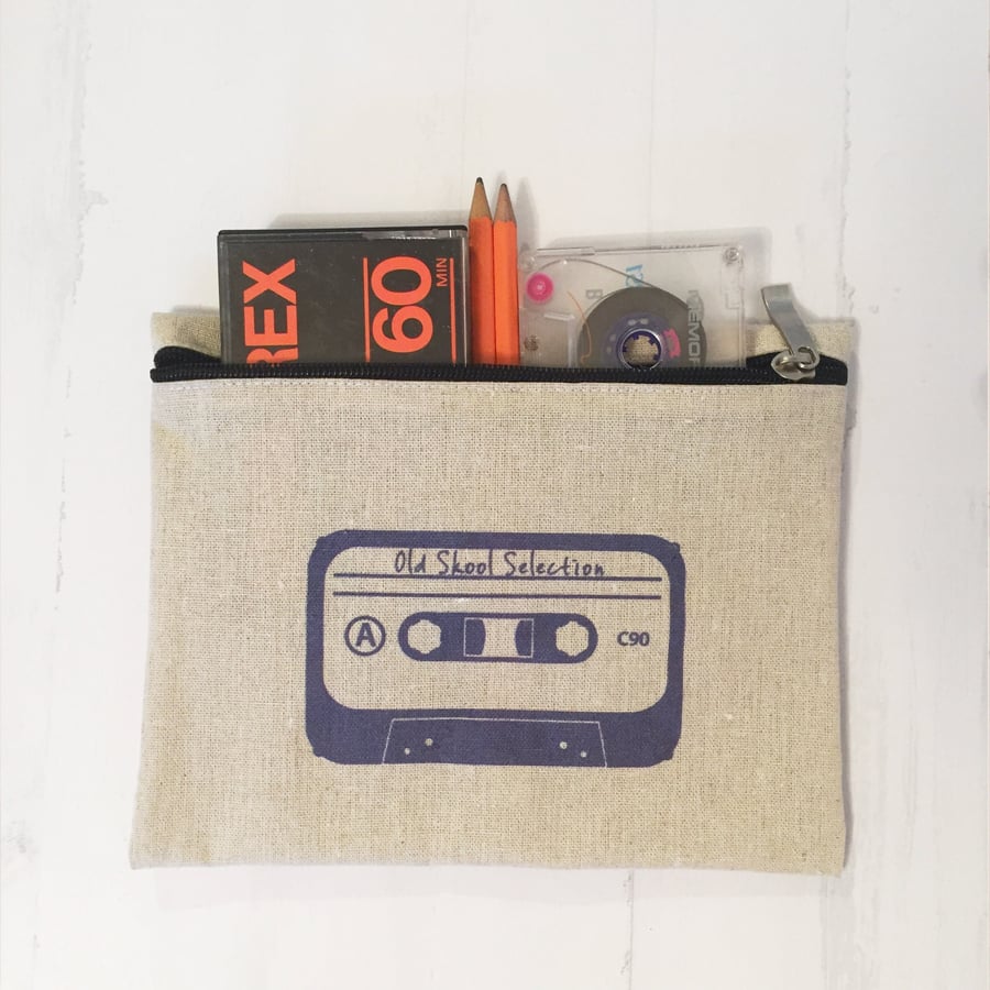 Mixtape Zip Pouch, silk screen print on hemp fabric 