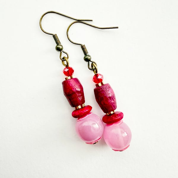 Candy Pink Cerise Red Dangle Drop Handmade Earrings