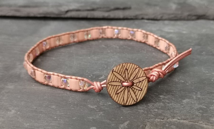 SALE rose gold leather bracelet with peach glass beads and wooden beads