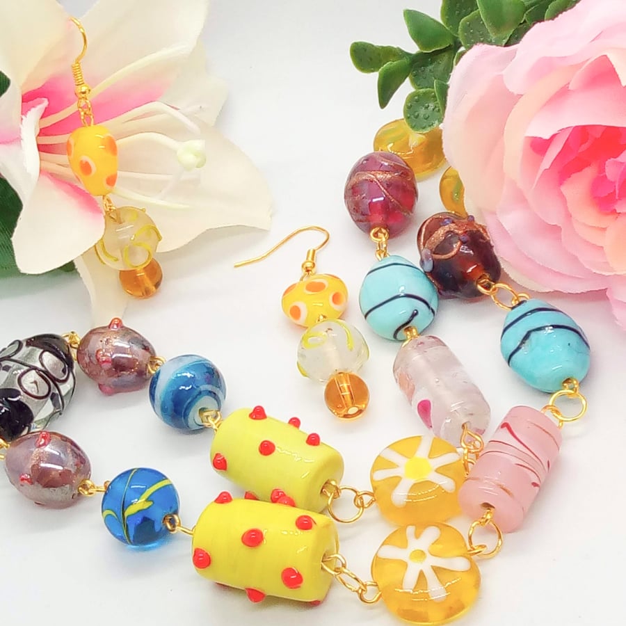 Multi Coloured Rosary Style Glass Lampwork Beaded Necklace and Earrings Set