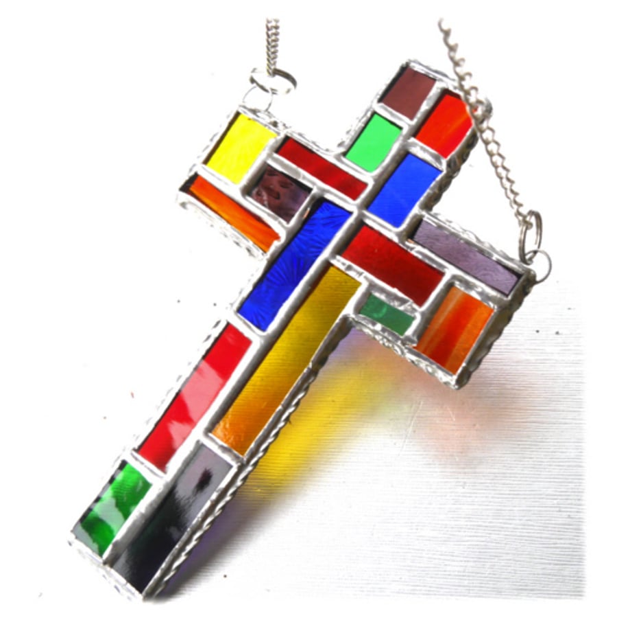 Cross Suncatcher Stained Glass Patchwork Rainbow Handmade 046