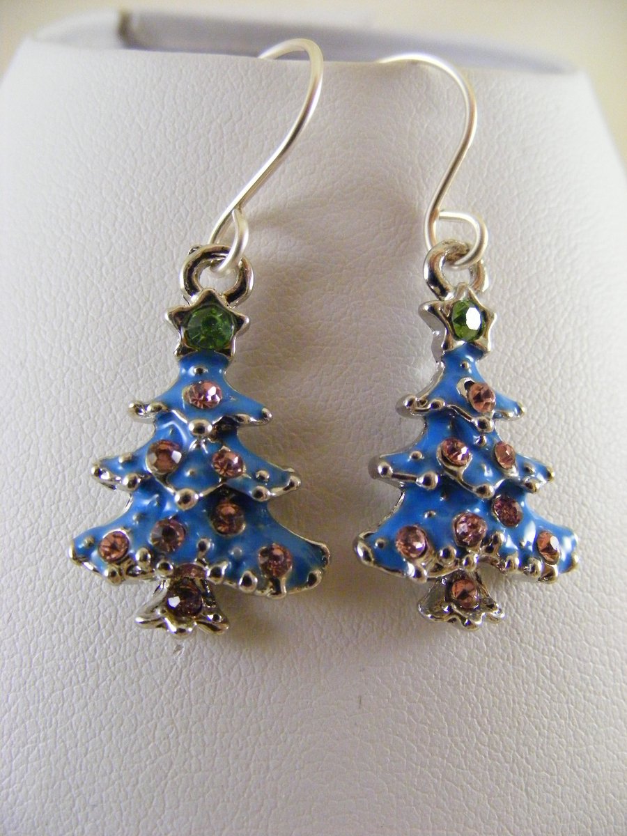 Blue Christmas Tree Earrings