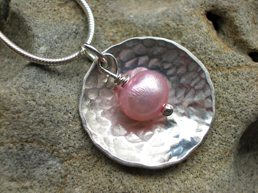 Sterling silver hammered domed pendant necklace with pink pearl