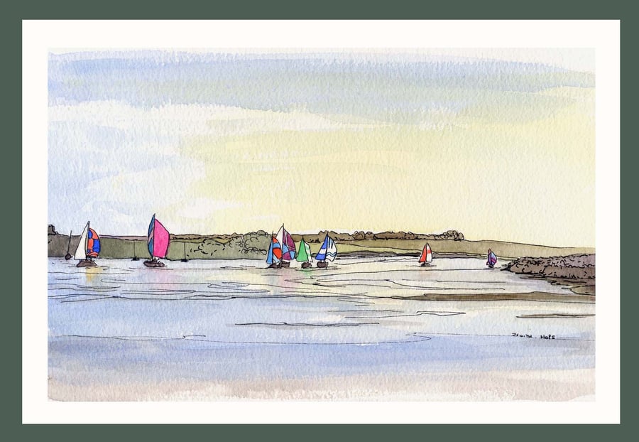 Original Watercolour of Sailing with Coloured Sails on the Crouch 