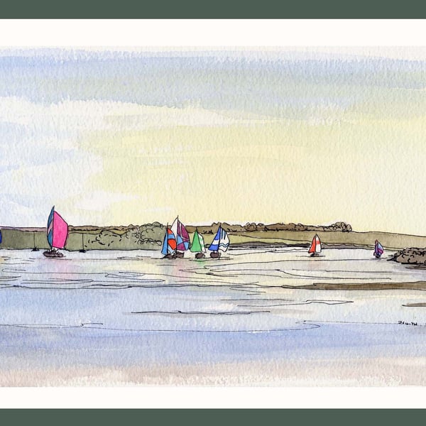 Original Watercolour of Sailing with Coloured Sails on the Crouch 