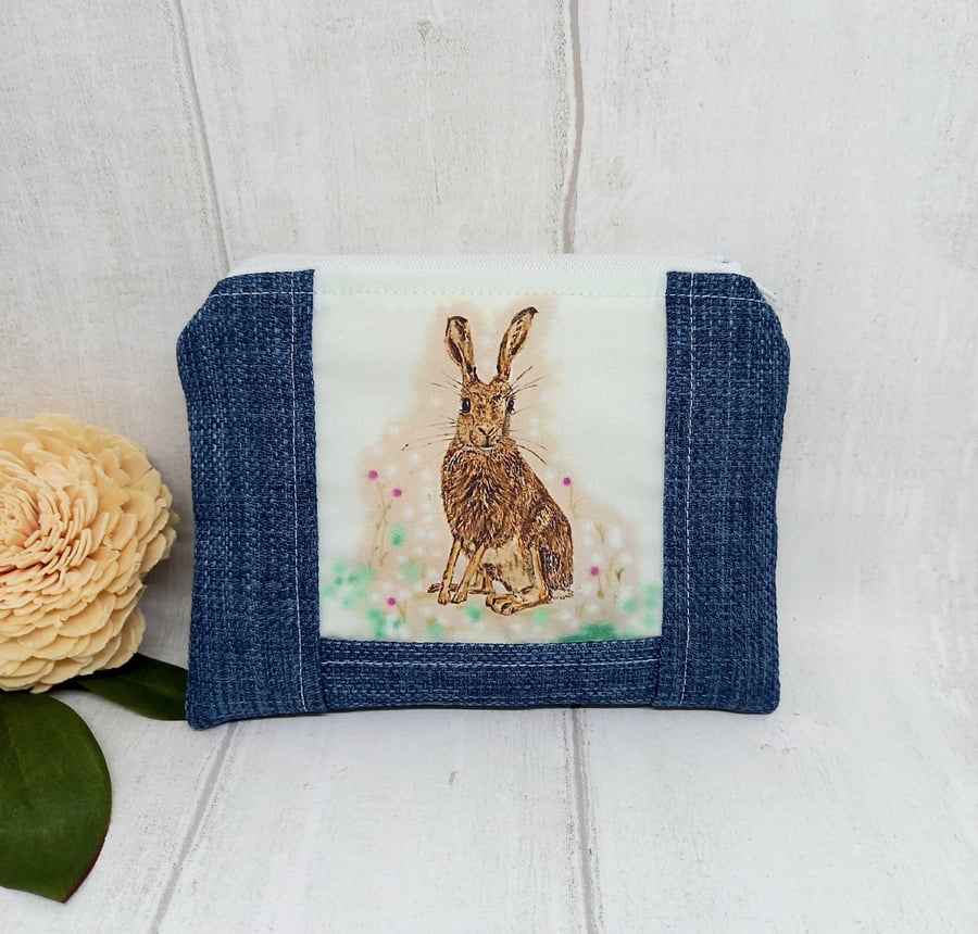 Wild Hare zip purse, Blue linen coin purse, Wild Hare Gifts, Animal purse