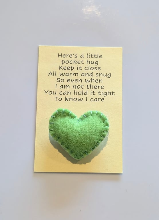 Handmade handsewn felt mini heart shaped pocket hug green