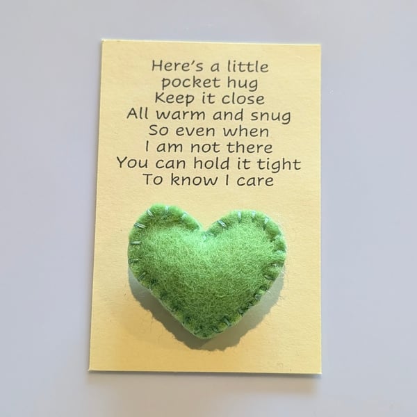 Handmade handsewn felt mini heart shaped pocket hug green