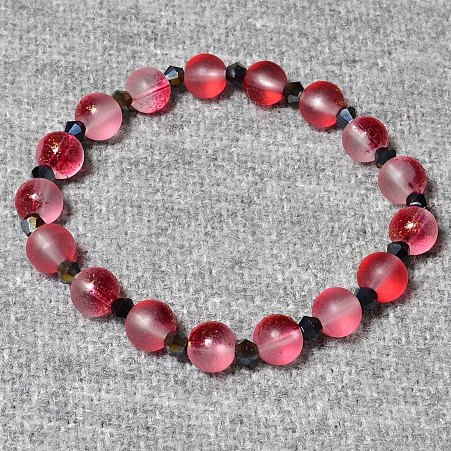 Frosted-Red-Gold Glass Bead and Black AB Crystal Bicone Elastic Bracelet