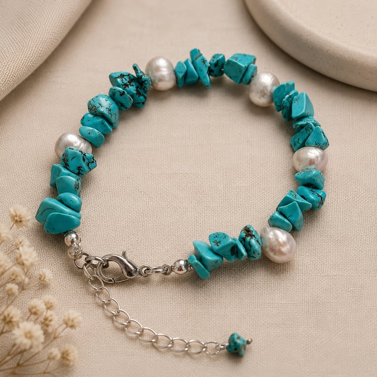 Handmade Genuine Turquoise Howlite & Baroque Pearl Bracelet 