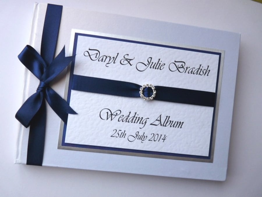 Wedding guest book with navy blue ribboon, wedding gift, wedding keepsake