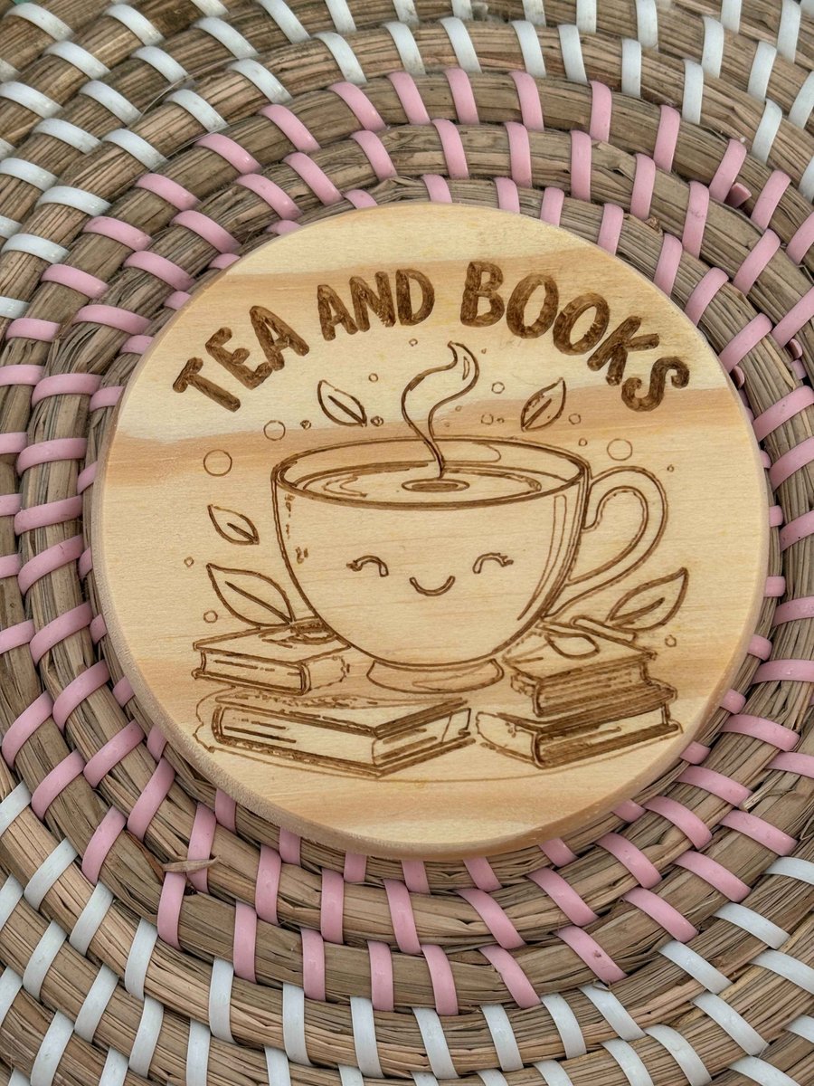Wooden Coaster - Tea and Books- 10cm Round design handmade
