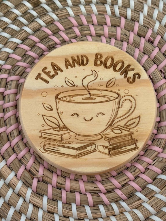 Wooden Coaster - Tea and Books- 10cm Round design handmade