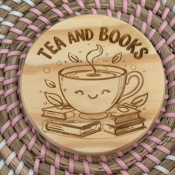 Wooden Coaster - Tea and Books- 10cm Round design handmade