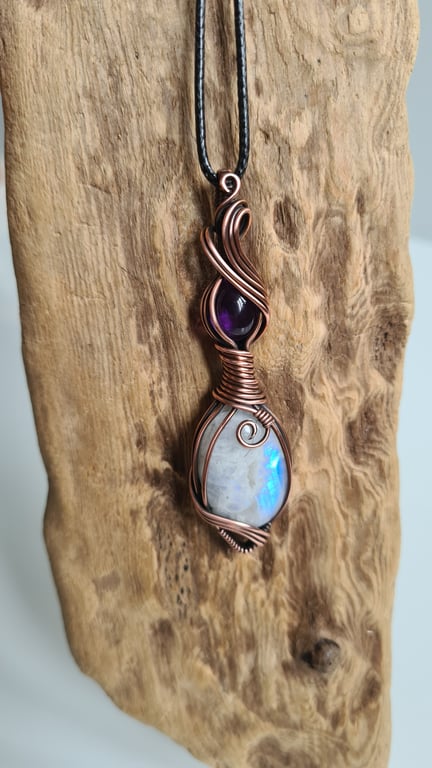 Natural Moonstone & Amethyst Copper Pendant Necklace Gift Crystal Jewellery  