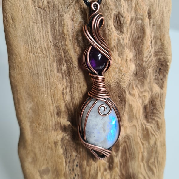 Natural Moonstone & Amethyst Copper Pendant Necklace Gift Crystal Jewellery  