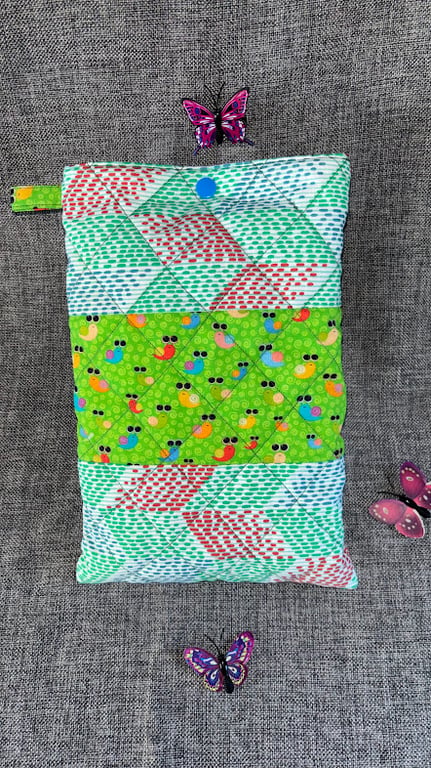 Book Sleeve, Cover, Pouch. Padded Snails and Dashes